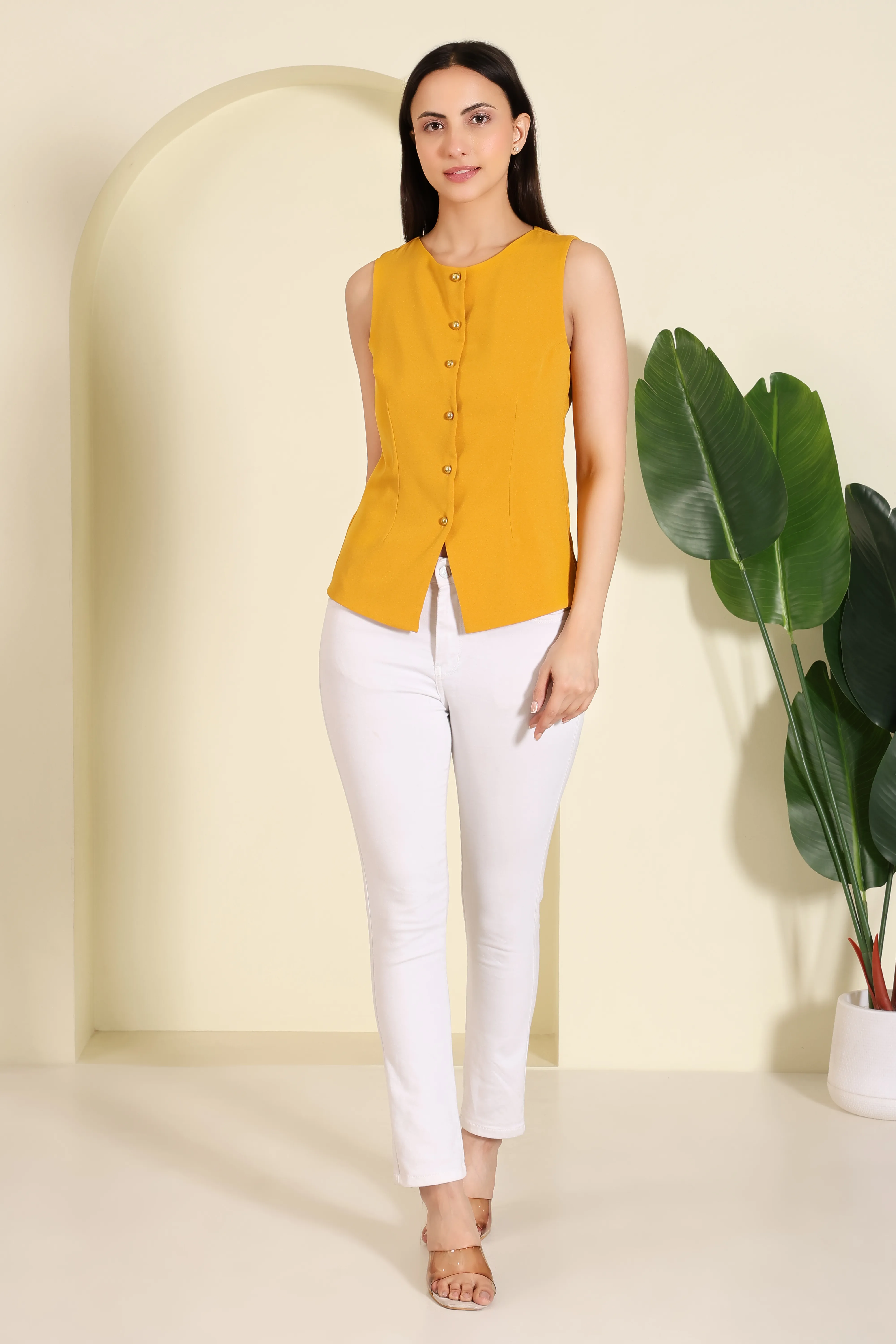 Mustard Button Vest Top — women's tops by Saiyaara