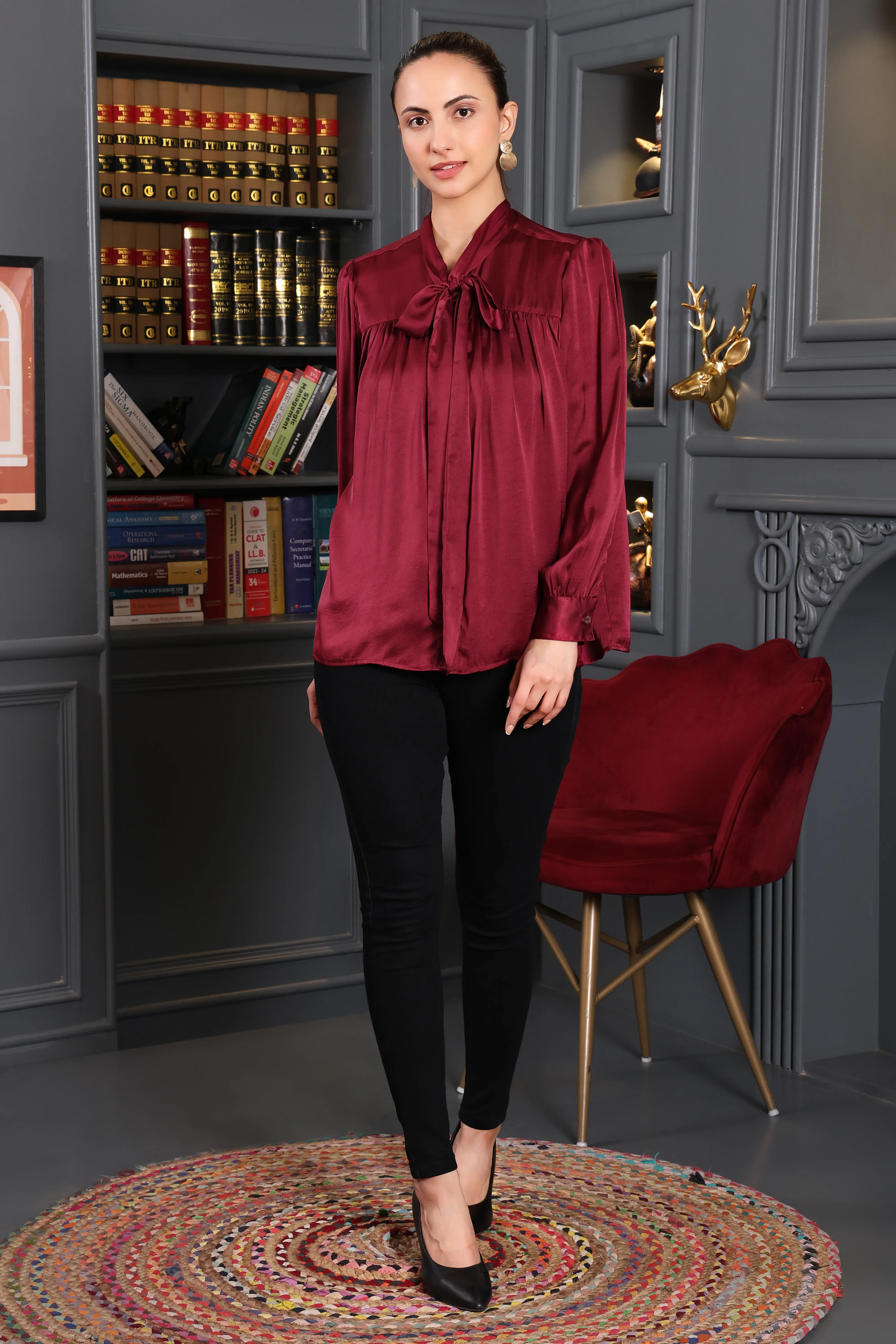 Wine Satin Bow Shirt — women's shirts by Saiyaara