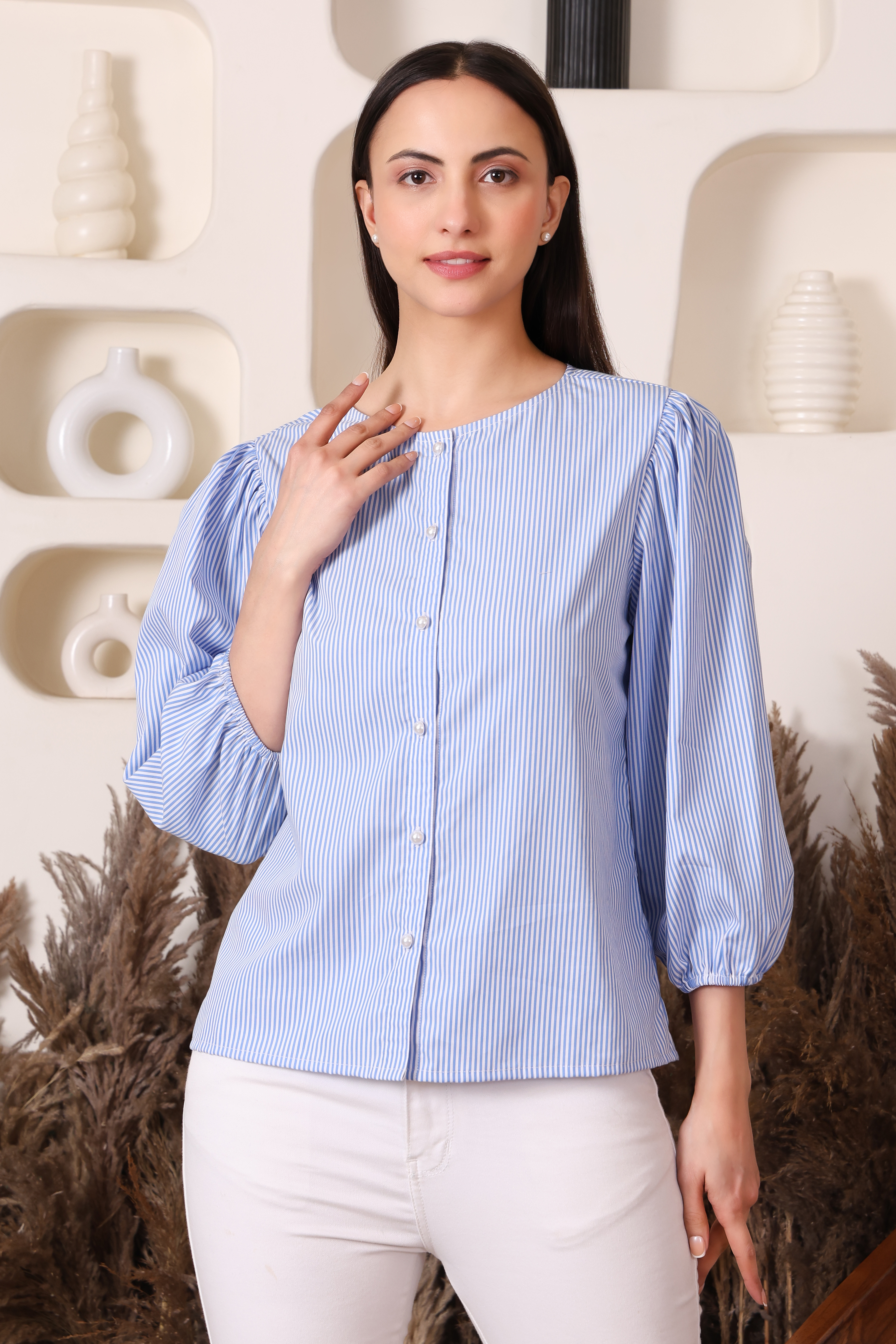 Powder Blue Puff Blouse – detail view