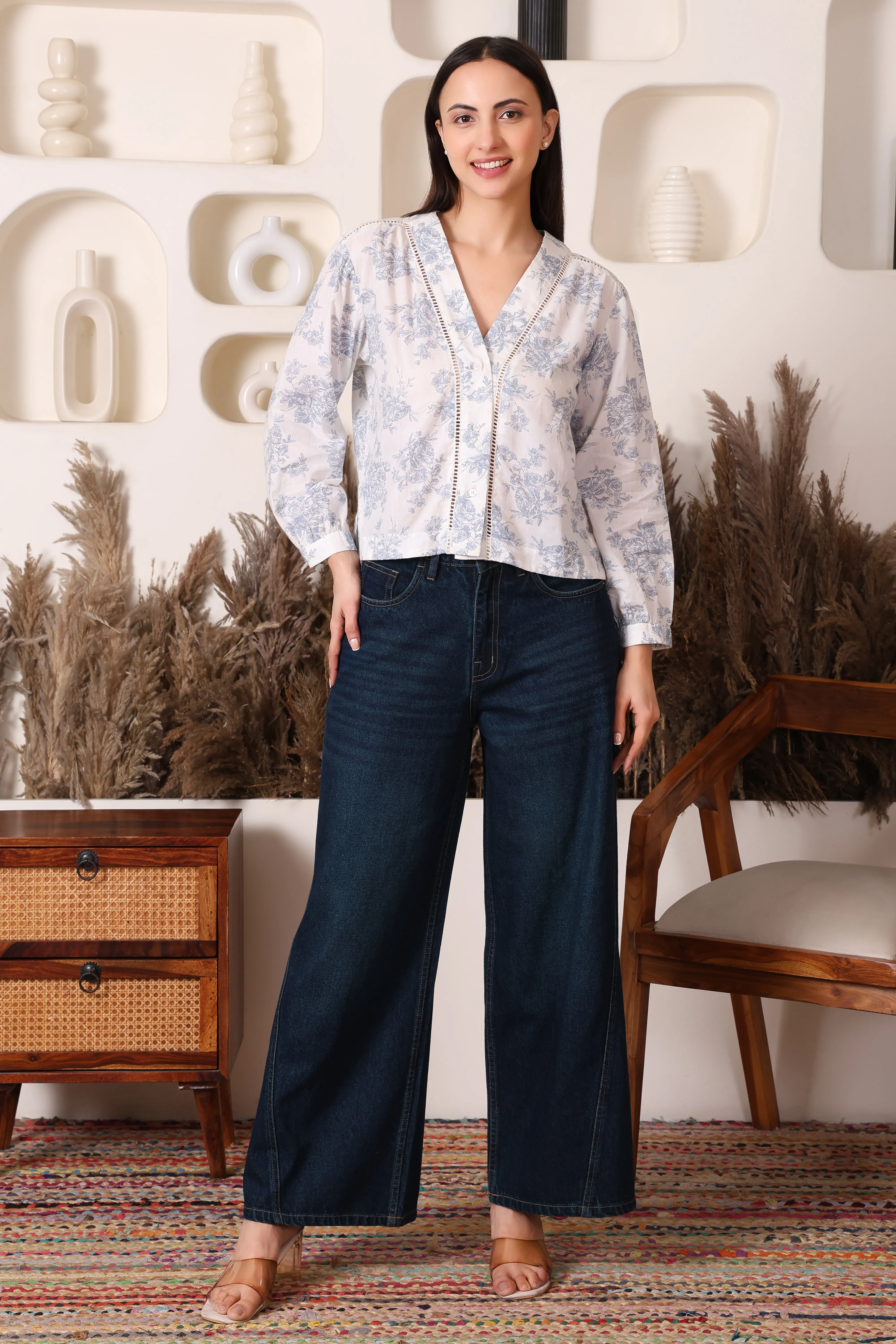 Ivory Floral Tie Blouse — women's tops by Saiyaara